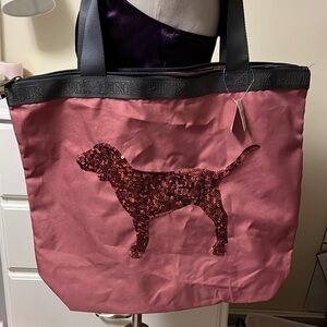 Victorias secret PINK zipper top tote bag with sequin dog, new
